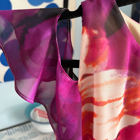 Kensie y2K Bold Orange, Pink Floral Chiffon Ruffle Sleeve Dress, Flowy Fit sz 8 - Picture 5 of 10